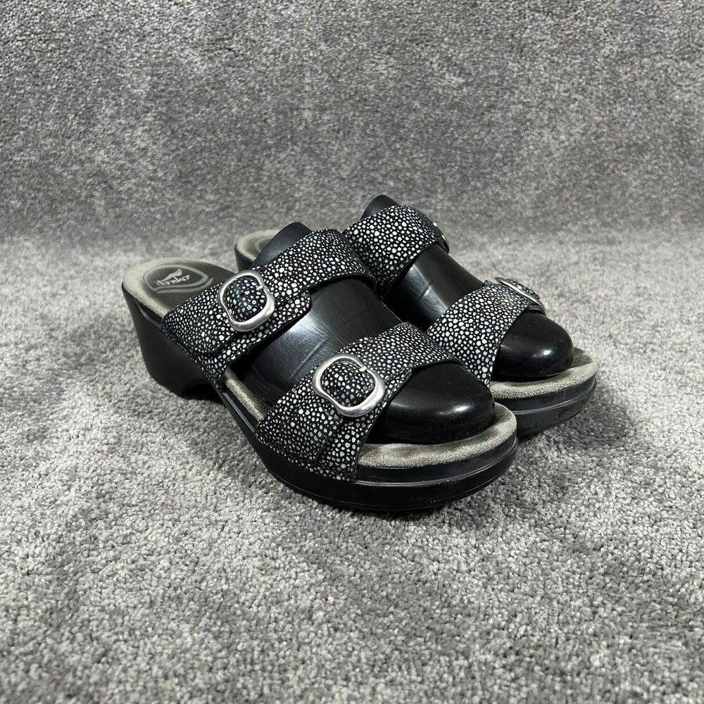 Dansko Sophie Womens Sz 40 Black Metallic Leather 2-Buckle Slide Wedge Sandals